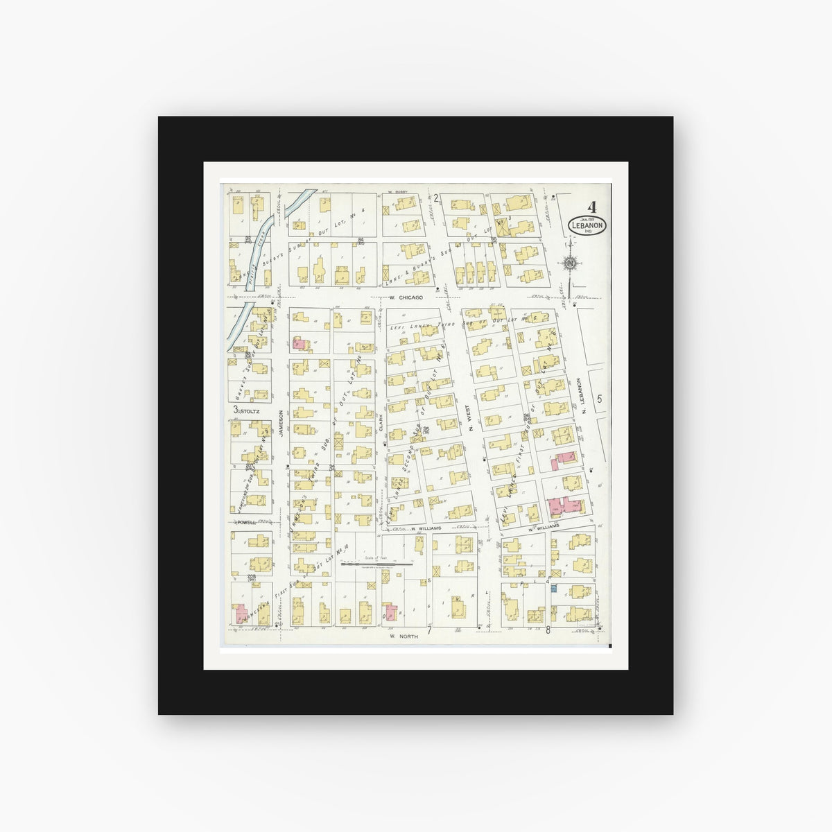 Old map wall art mockup — black gallery frame with white mat — Sanborn Fire Insurance Map from Lebanon, Boone County, Indiana (1919), Sheet #0004