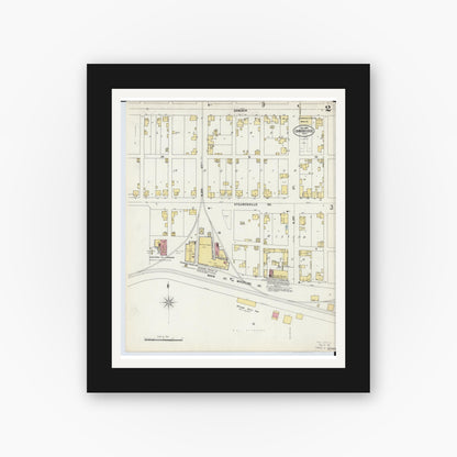 Old map wall art mockup — black gallery frame with white mat — Sanborn Fire Insurance Map from Cambridge, Guernsey County, Ohio (1897), Sheet #0002