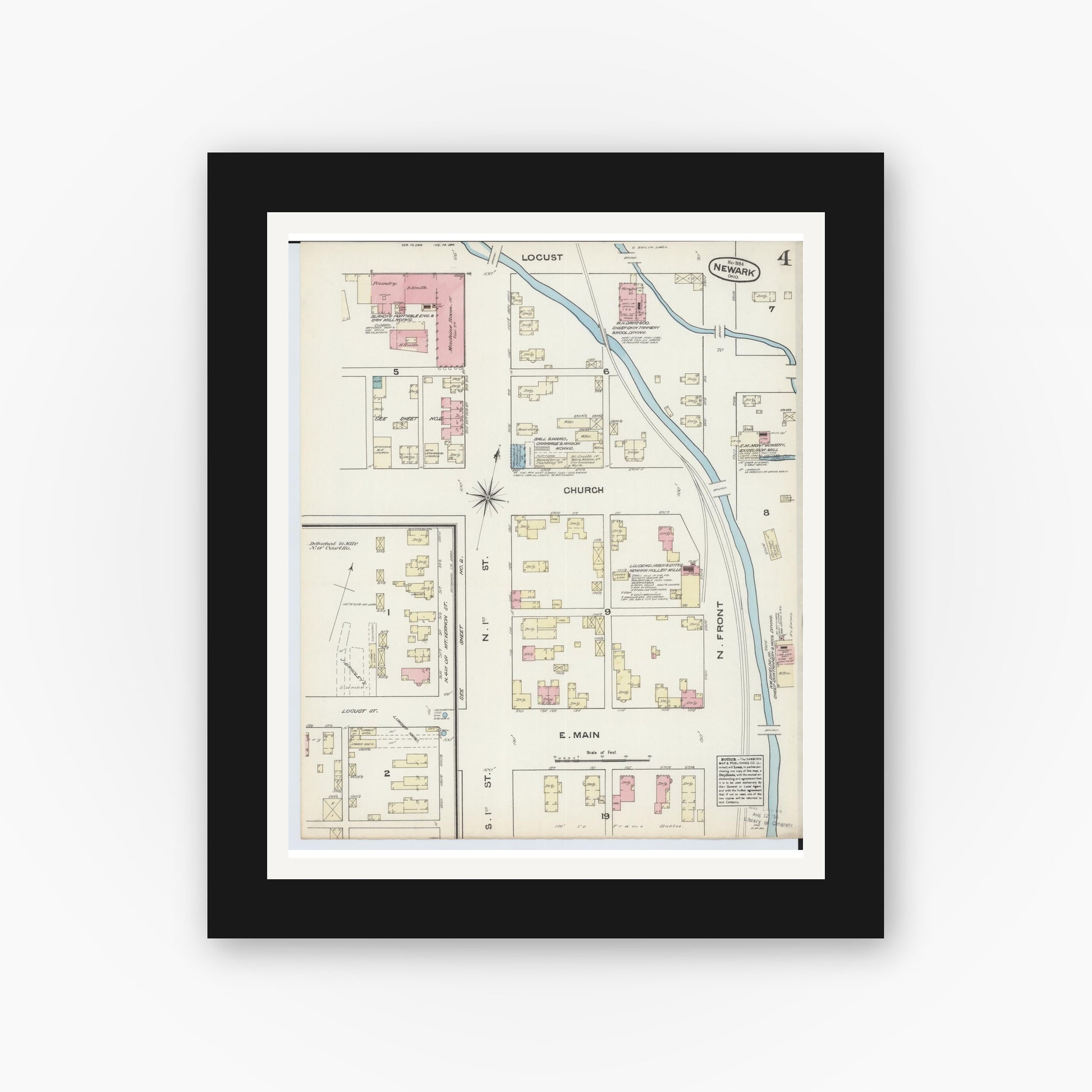 Old map wall art mockup — black gallery frame with white mat — Sanborn Fire Insurance Map from Newark, Licking County, Ohio (1884), Sheet #0004