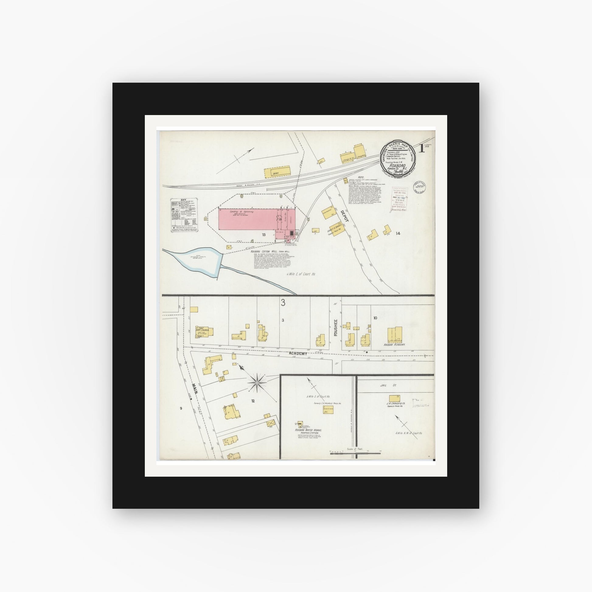 Old map wall art mockup — black gallery frame with white mat — Sanborn Fire Insurance Map from Roxboro, Person County, North Carolina (1900) - Complete Map Set