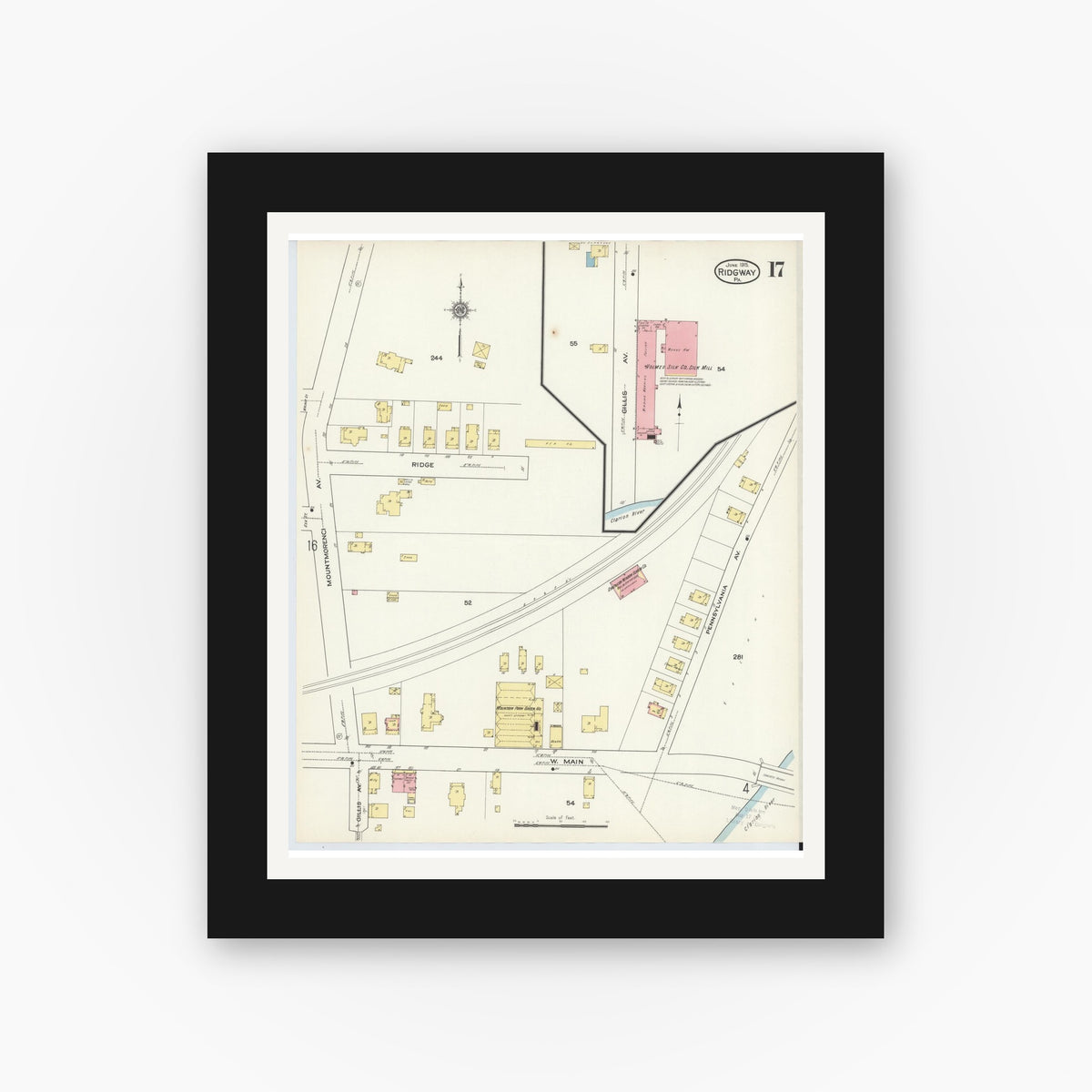 Old map wall art mockup — black gallery frame with white mat — Sanborn Fire Insurance Map from Ridgway, Elk County, Pennsylvania (1915), Sheet #0017