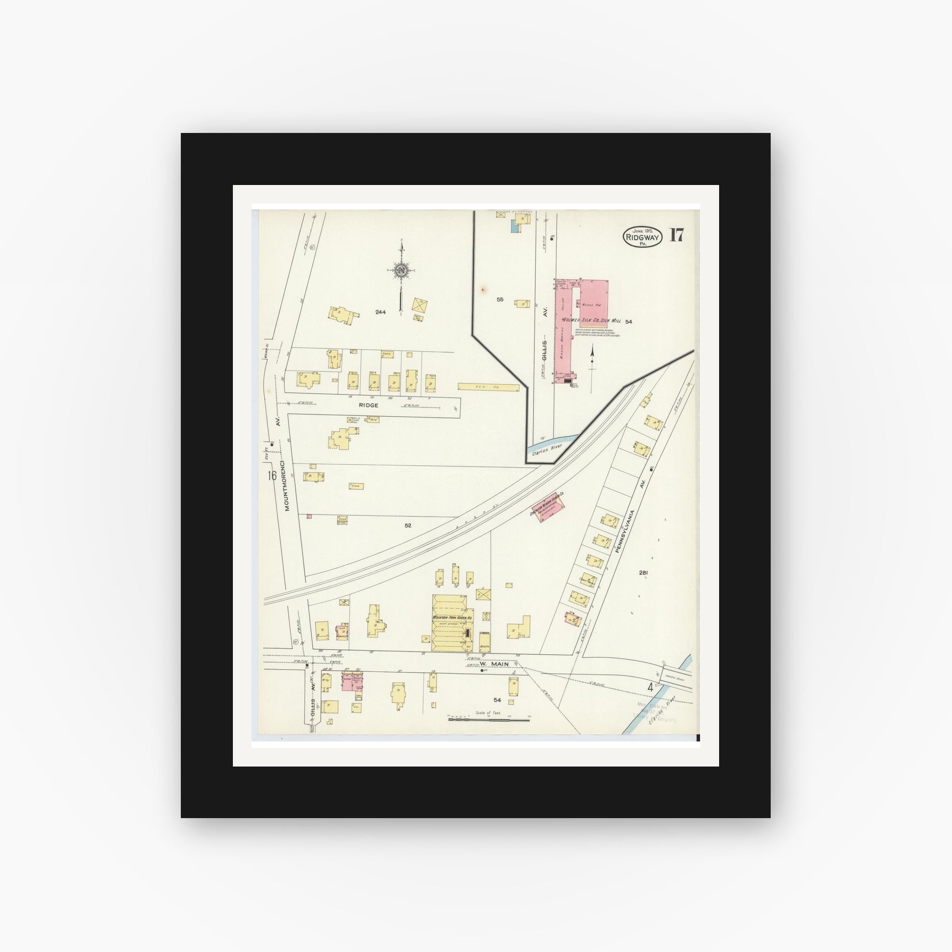 Old map wall art mockup — black gallery frame with white mat — Sanborn Fire Insurance Map from Ridgway, Elk County, Pennsylvania (1915), Sheet #0017