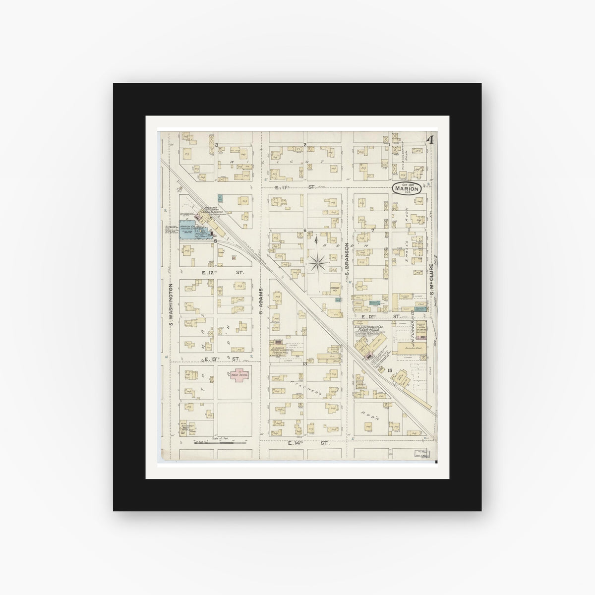 Old map wall art mockup — black gallery frame with white mat — Sanborn Fire Insurance Map from Marion, Grant County, Indiana (1887), Sheet #0004