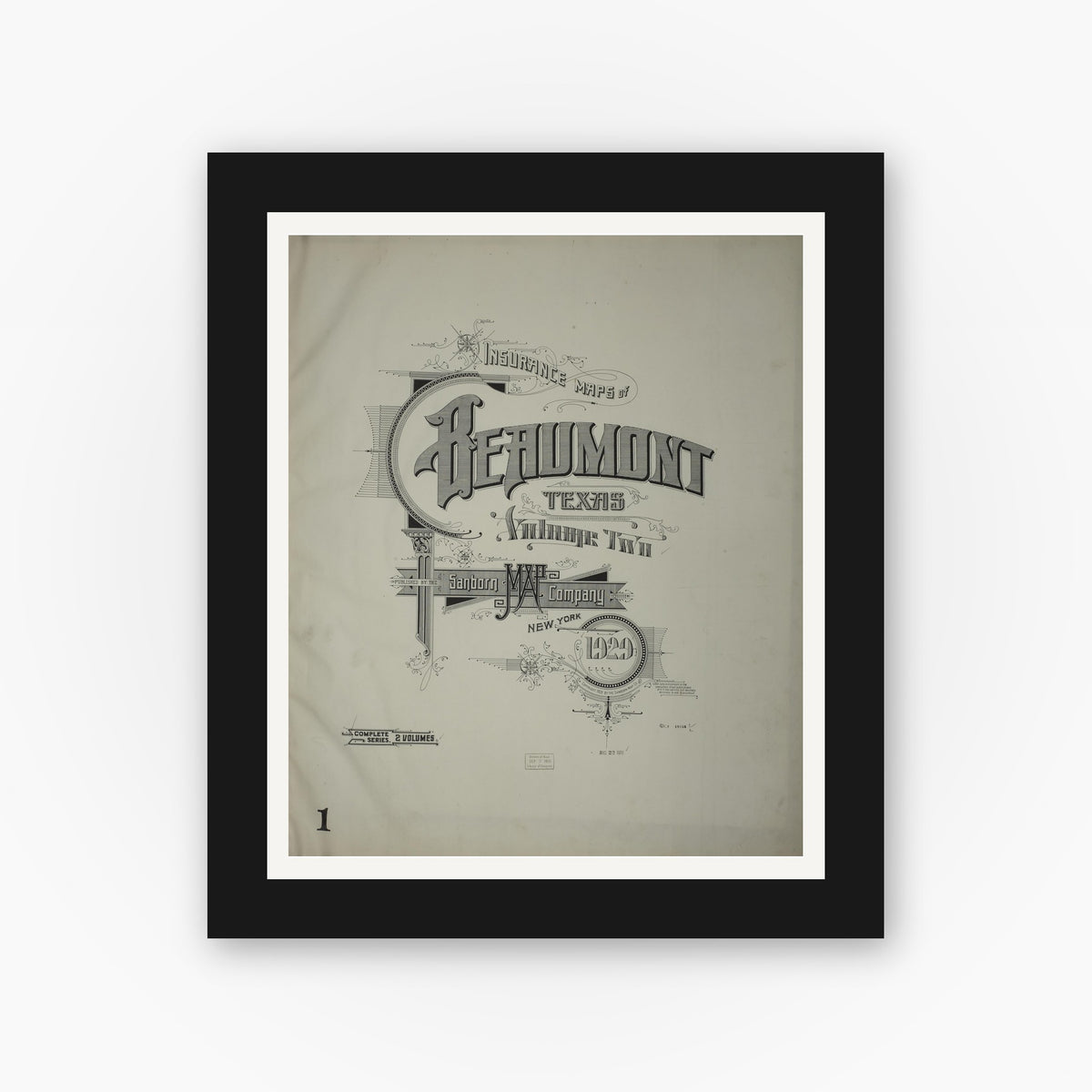 Old map wall art mockup — black gallery frame with white mat — Sanborn Fire Insurance Map from Beaumont, Jefferson County, Texas (1929), Sheet #0001