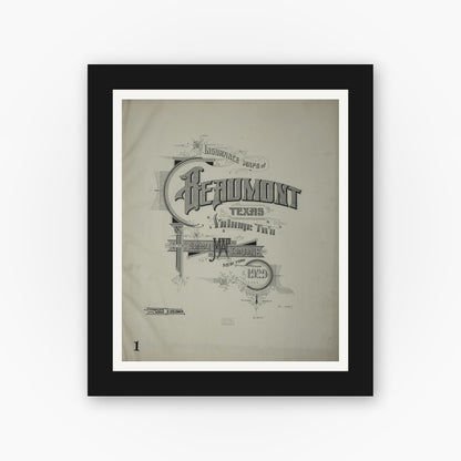 Old map wall art mockup — black gallery frame with white mat — Sanborn Fire Insurance Map from Beaumont, Jefferson County, Texas (1929), Sheet #0001