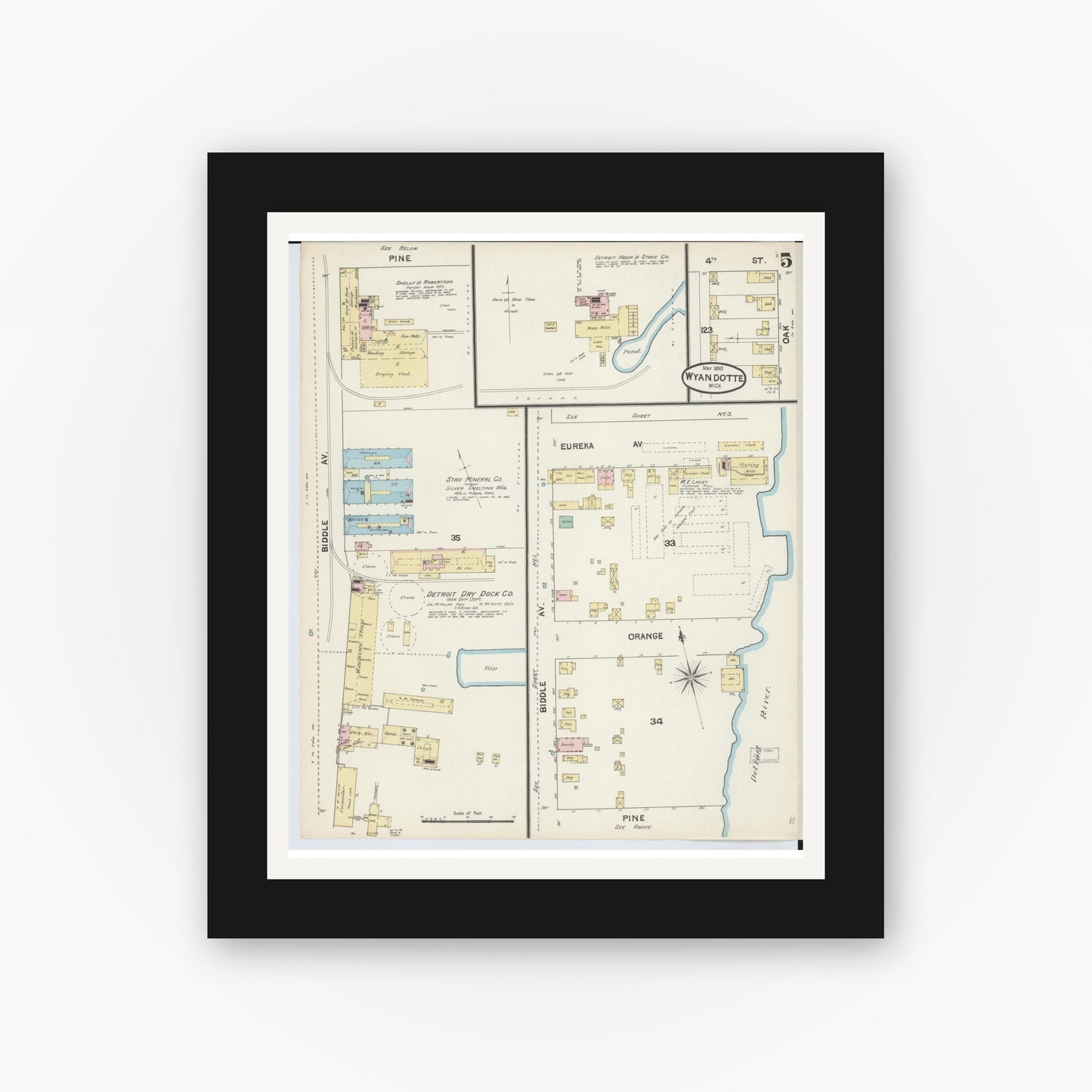 Old map wall art mockup — black gallery frame with white mat — Sanborn Fire Insurance Map from Wyandotte, Wayne County, Michigan (1890), Sheet #0005