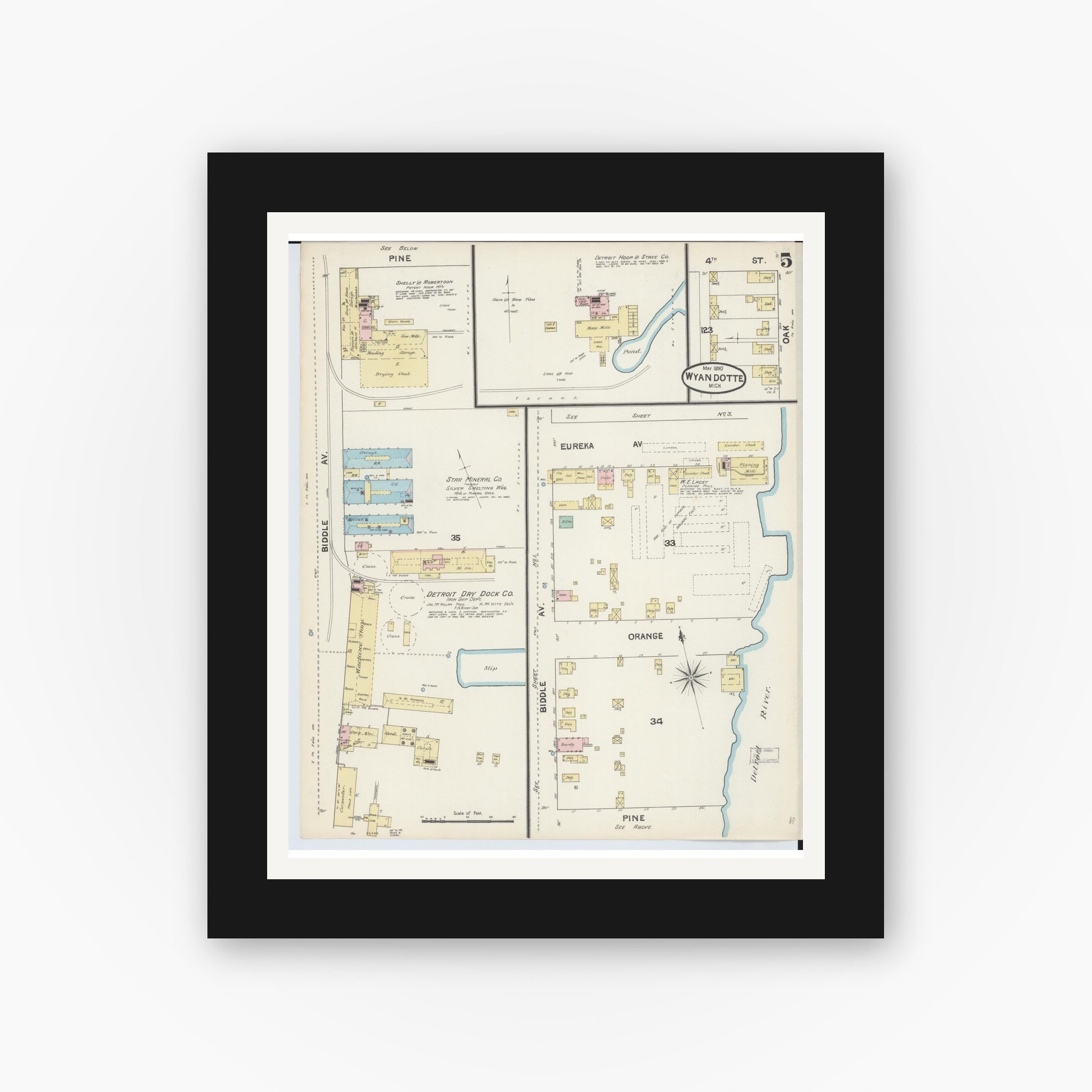 Old map wall art mockup — black gallery frame with white mat — Sanborn Fire Insurance Map from Wyandotte, Wayne County, Michigan (1890), Sheet #0005