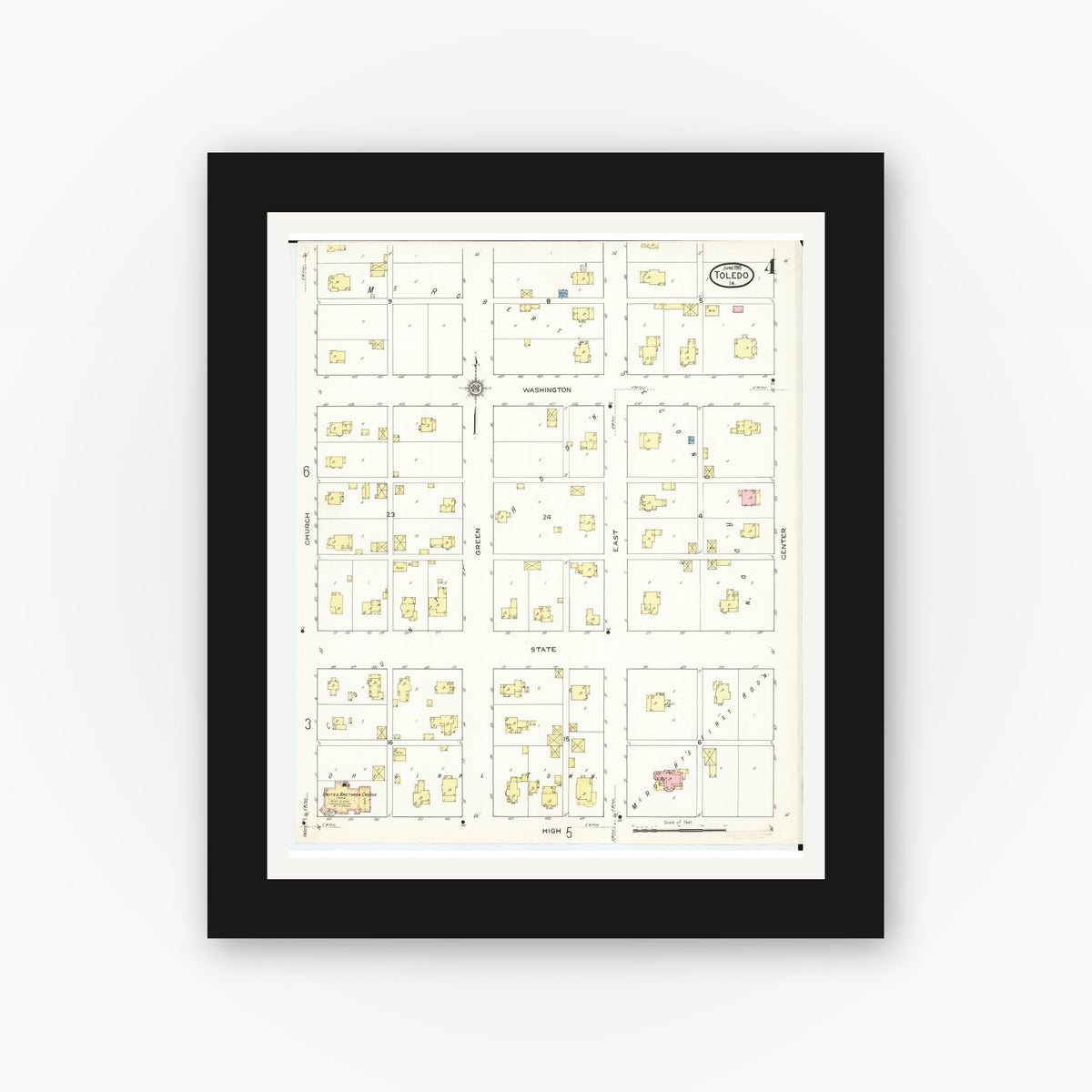 Old map wall art mockup — black gallery frame with white mat — Sanborn Fire Insurance Map from Toledo, Tama County, Iowa (1915), Sheet #0004