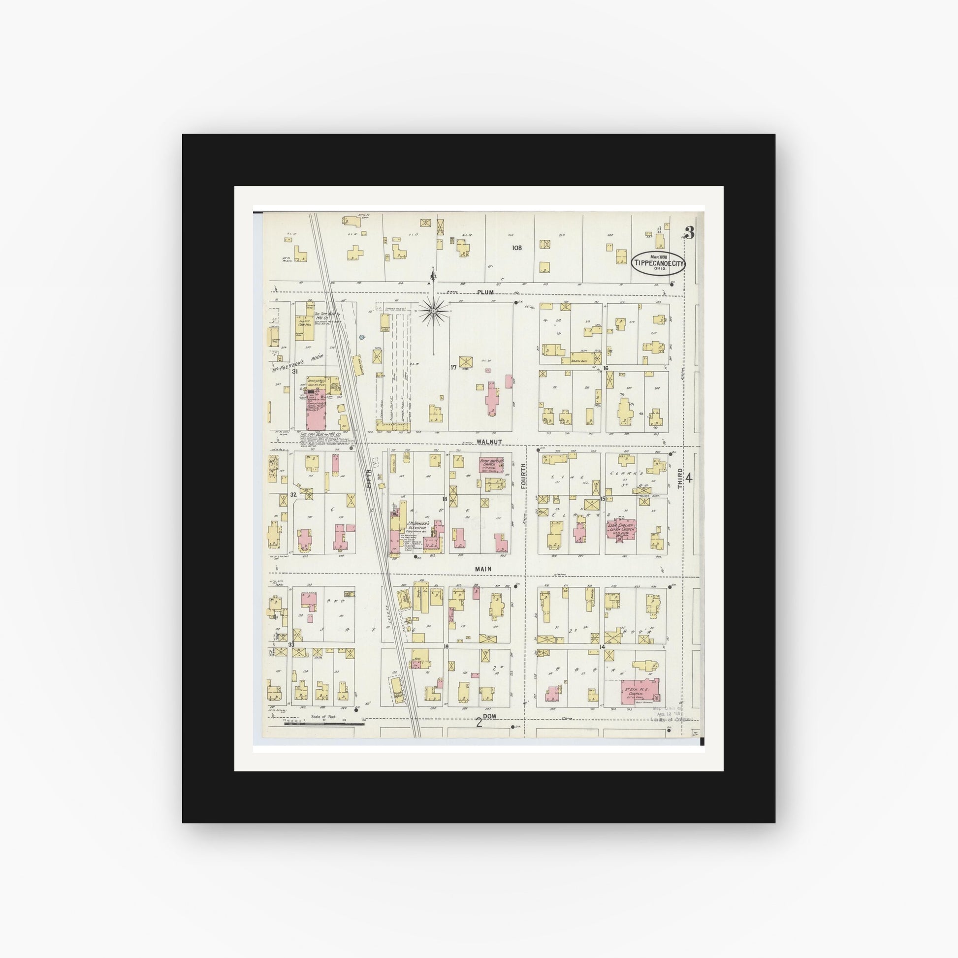 Old map wall art mockup — black gallery frame with white mat — Sanborn Fire Insurance Map from Tipp City, Miami County, Ohio (1898), Sheet #0003