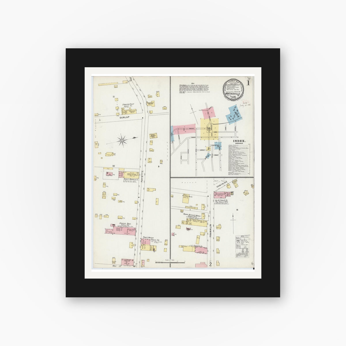 Old map wall art mockup — black gallery frame with white mat — Sanborn Fire Insurance Map from Martinsville, Independent Cities, Virginia (1896) - Complete Map Set