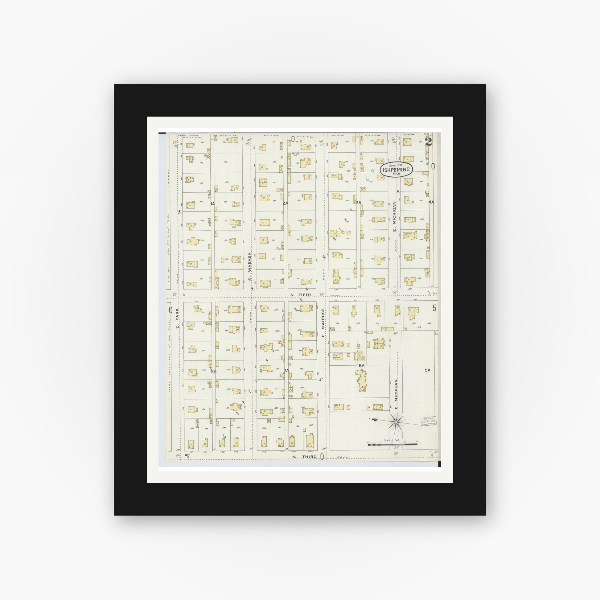 Old map wall art mockup — black gallery frame with white mat — Sanborn Fire Insurance Map from Ishpeming, Marquette County, Michigan (1897), Sheet #0002