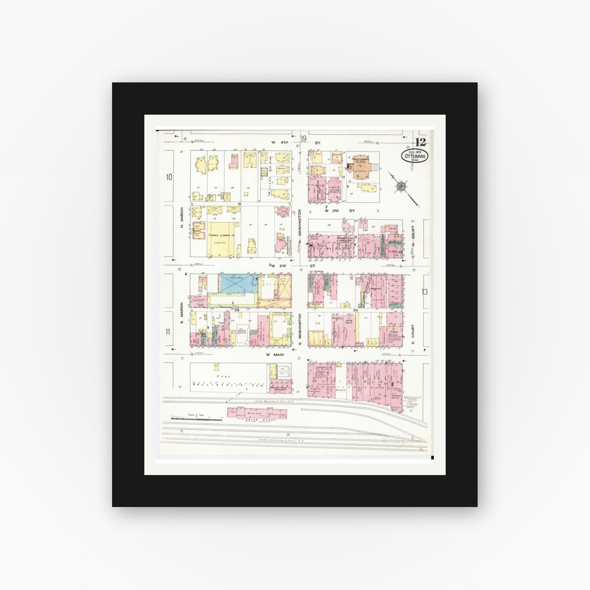 Old map wall art mockup — black gallery frame with white mat — Sanborn Fire Insurance Map from Ottumwa, Wapello County, Iowa (1909), Sheet #0012