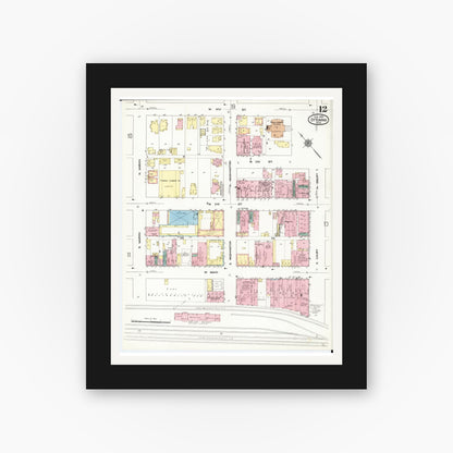Old map wall art mockup — black gallery frame with white mat — Sanborn Fire Insurance Map from Ottumwa, Wapello County, Iowa (1909), Sheet #0012