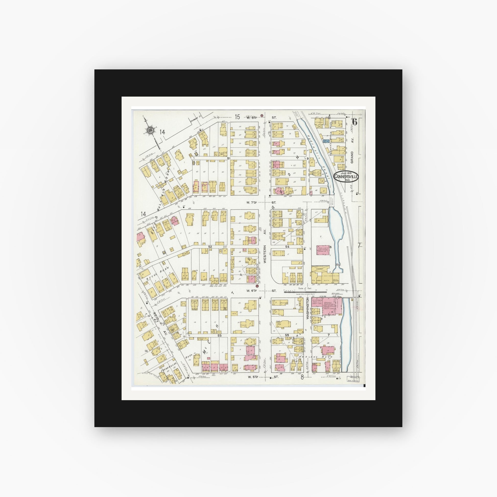 Old map wall art mockup — black gallery frame with white mat — Sanborn Fire Insurance Map from Connersville, Fayette County, Indiana (1919), Sheet #0006