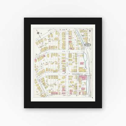 Old map wall art mockup — black gallery frame with white mat — Sanborn Fire Insurance Map from Connersville, Fayette County, Indiana (1919), Sheet #0006