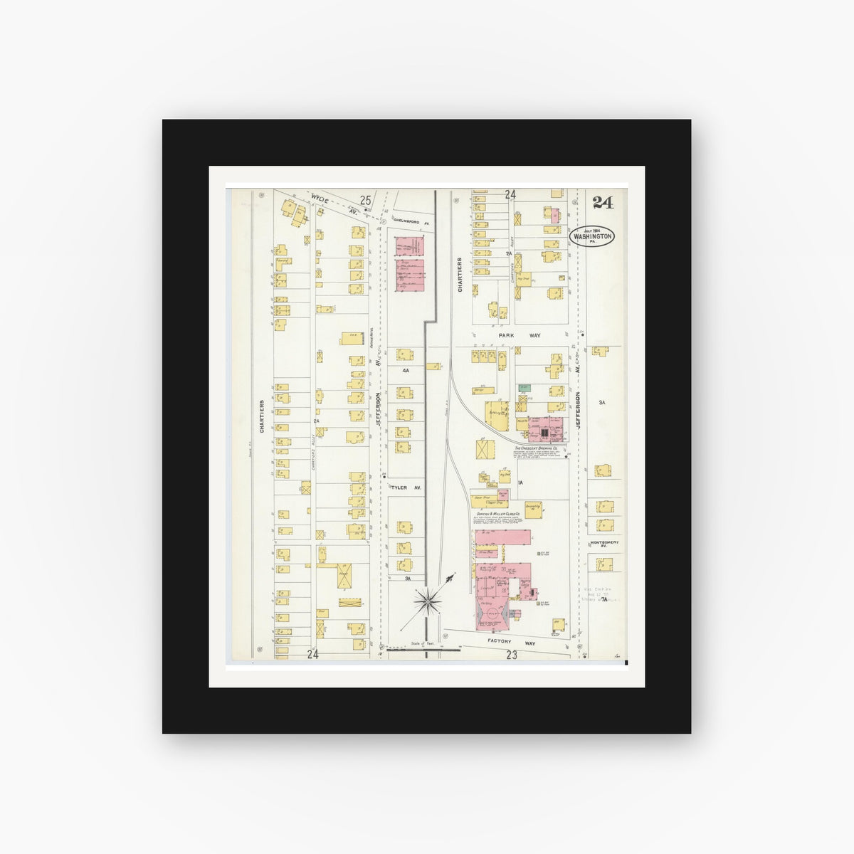 Old map wall art mockup — black gallery frame with white mat — Sanborn Fire Insurance Map from Washington, Washington County, Pennsylvania (1904), Sheet #0024