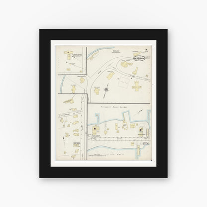 Old map wall art mockup — black gallery frame with white mat — Sanborn Fire Insurance Map from Vineyard Haven, Dukes County, Massachusetts (1914), Sheet #0005