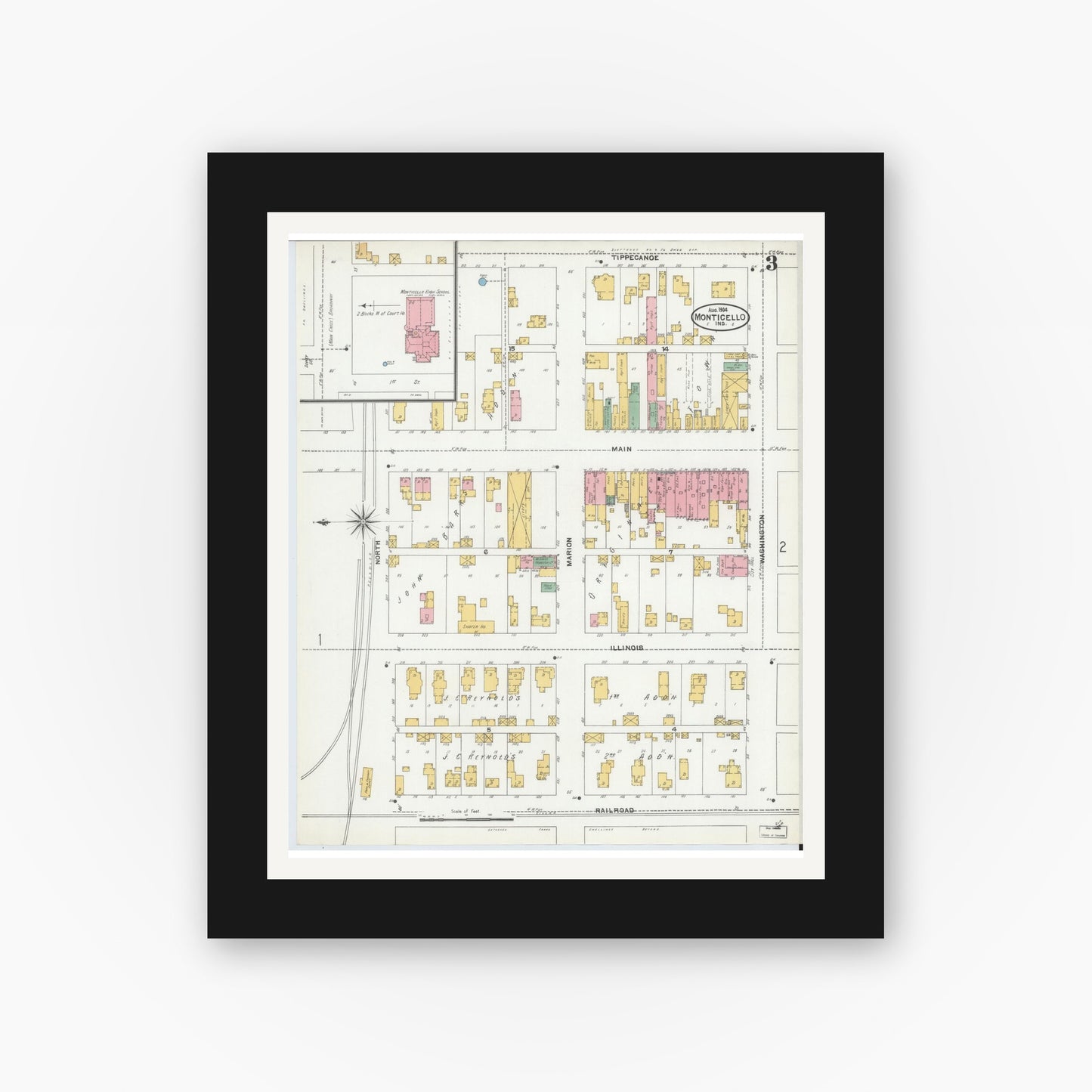 Old map wall art mockup — black gallery frame with white mat — Sanborn Fire Insurance Map from Monticello, White County, Indiana (1904), Sheet #0003