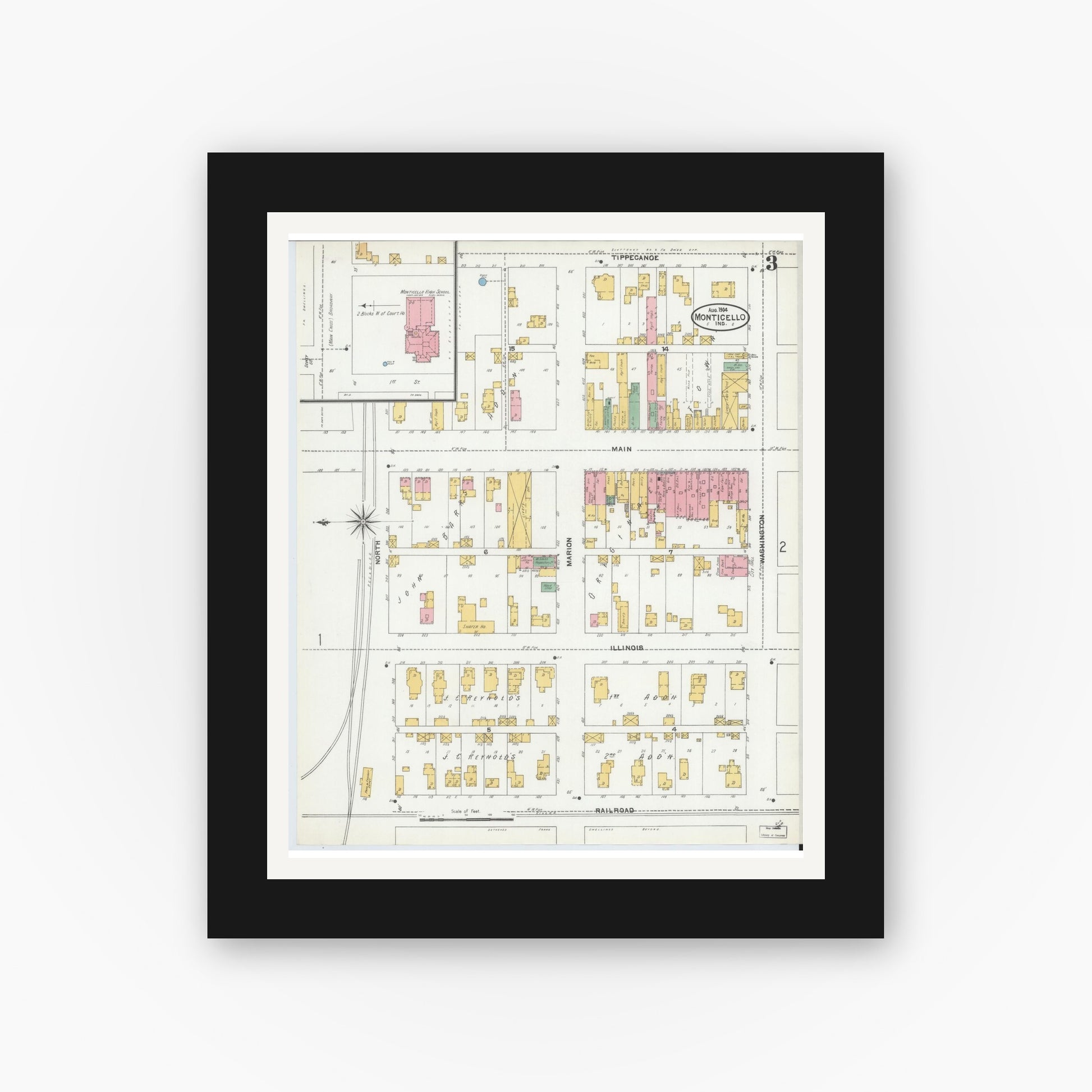 Old map wall art mockup — black gallery frame with white mat — Sanborn Fire Insurance Map from Monticello, White County, Indiana (1904), Sheet #0003