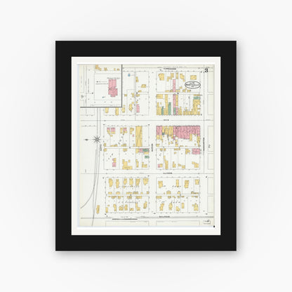 Old map wall art mockup — black gallery frame with white mat — Sanborn Fire Insurance Map from Monticello, White County, Indiana (1904), Sheet #0003