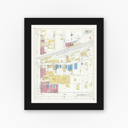 Old map wall art mockup — black gallery frame with white mat — Sanborn Fire Insurance Map from Paris, Edgar County, Illinois (1916), Sheet #0007