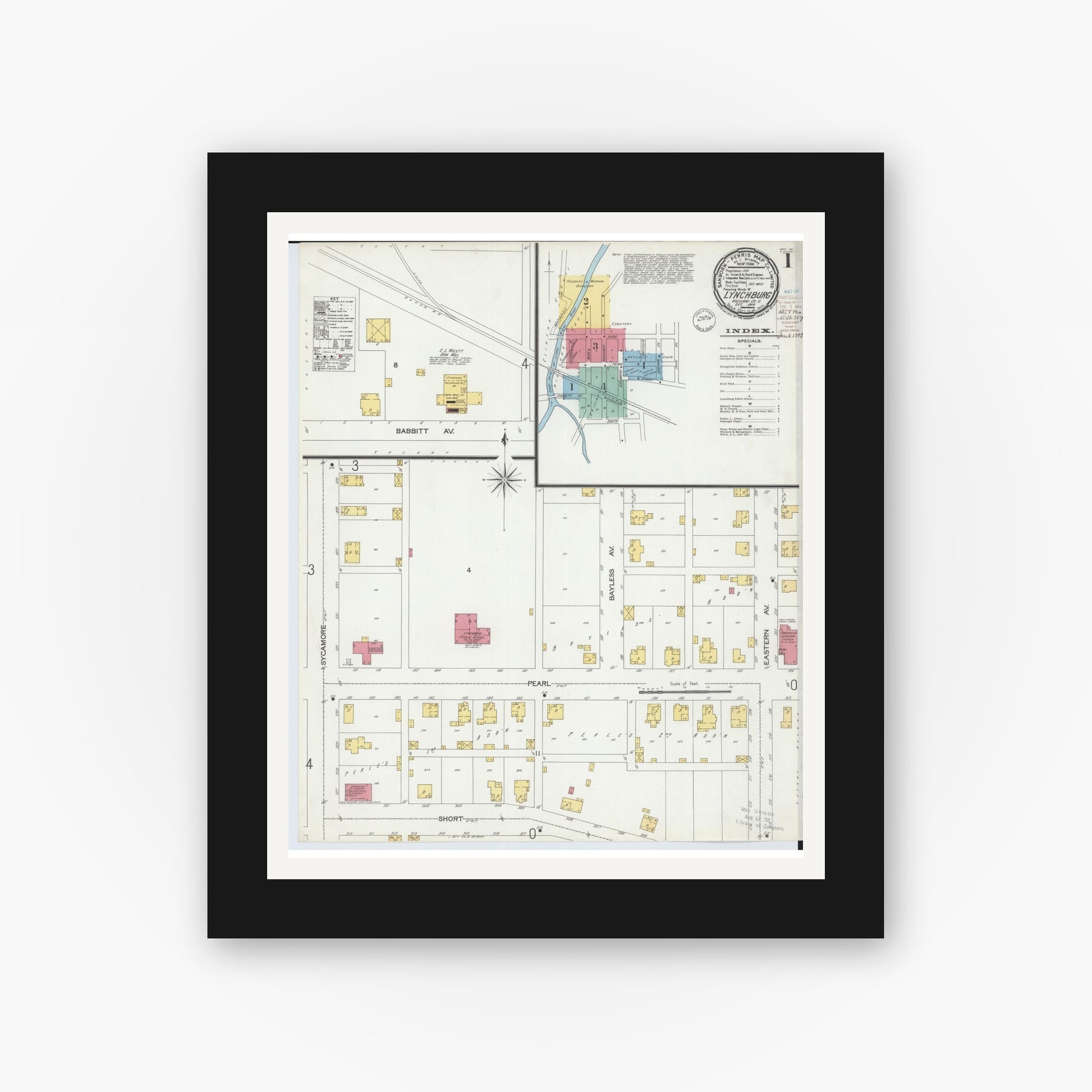 Old map wall art mockup — black gallery frame with white mat — Sanborn Fire Insurance Map from Lynchburg, Highland County, Ohio (1900) - Complete Map Set