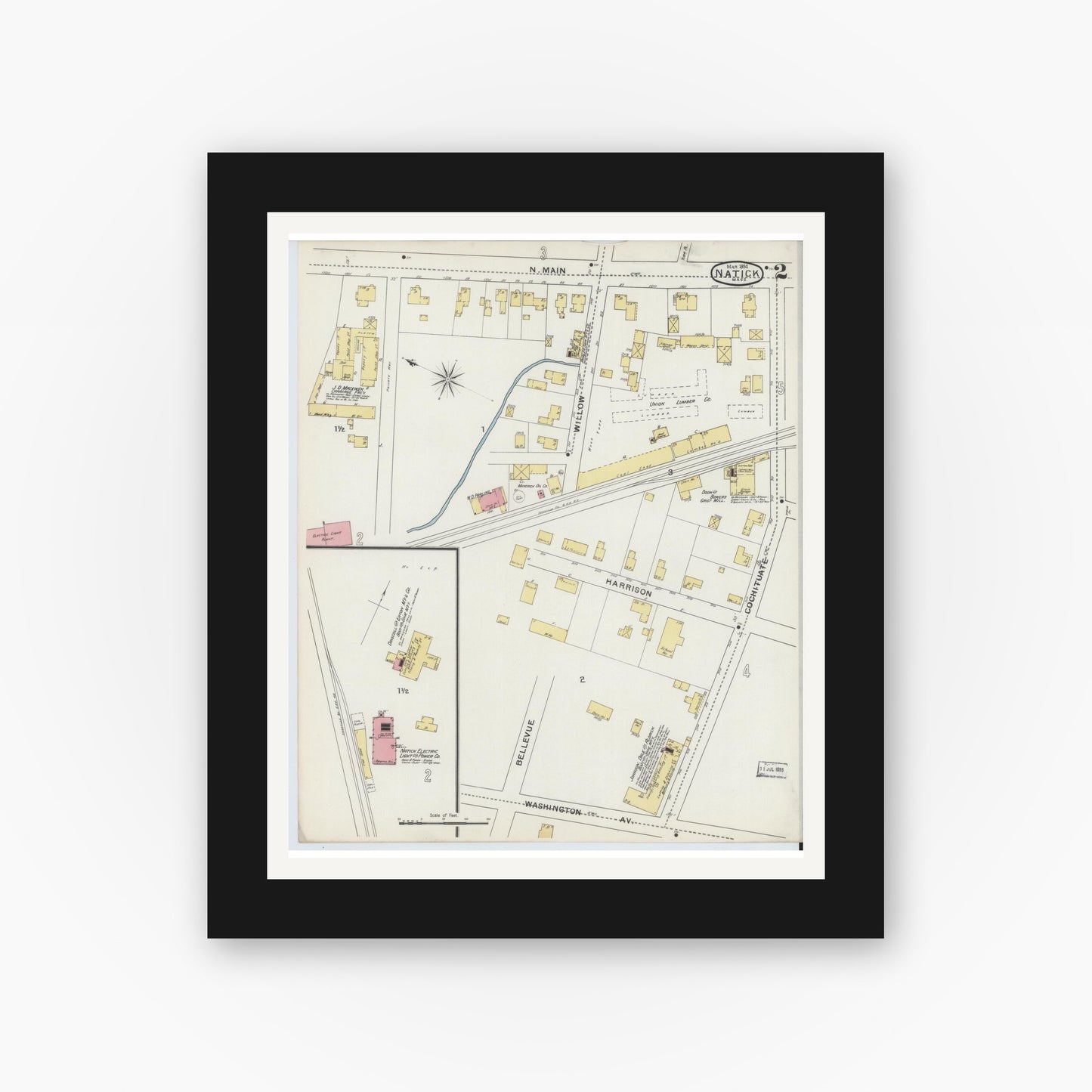 Old map wall art mockup — black gallery frame with white mat — Sanborn Fire Insurance Map from Natick, Middlesex County, Massachusetts (1894), Sheet #0002