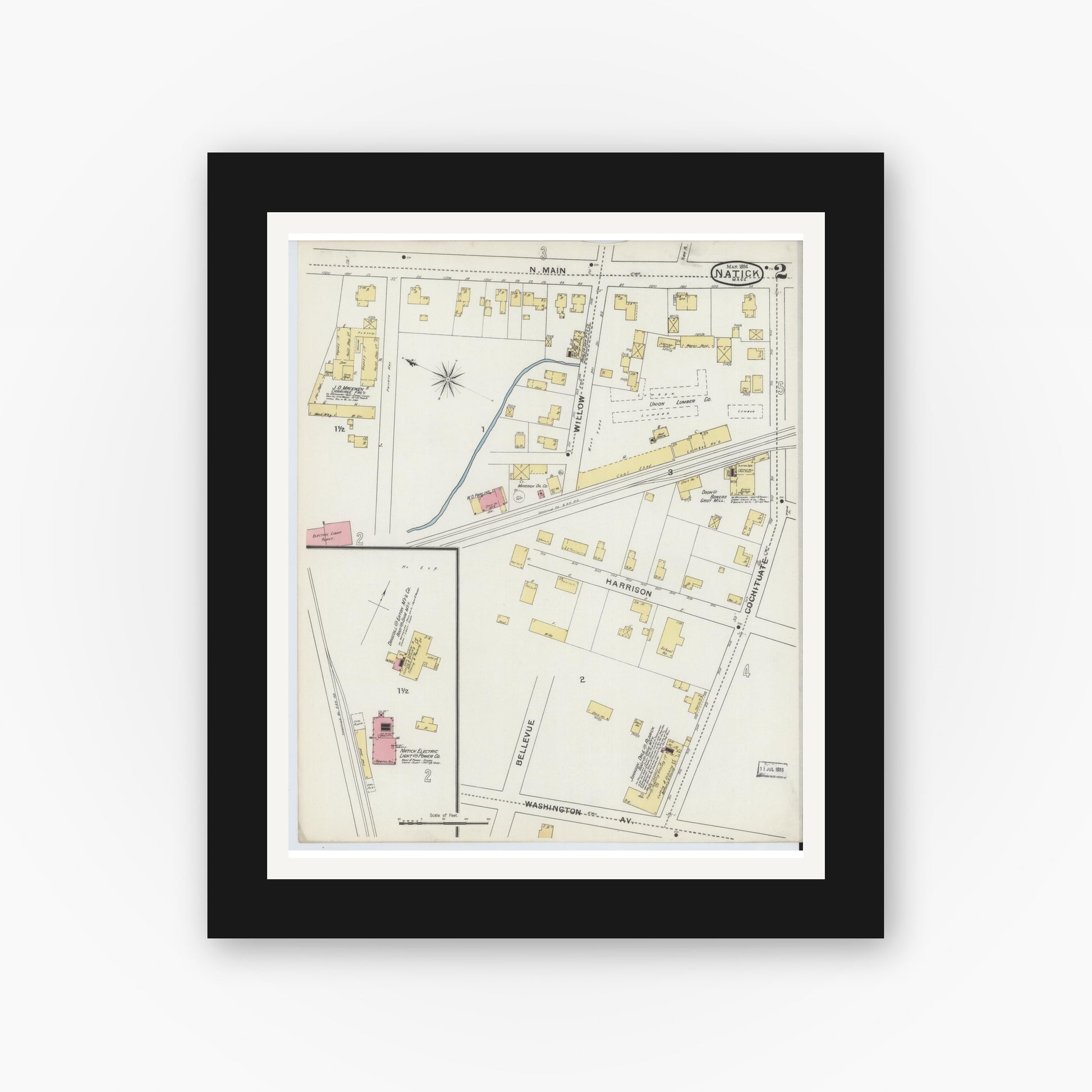 Old map wall art mockup — black gallery frame with white mat — Sanborn Fire Insurance Map from Natick, Middlesex County, Massachusetts (1894), Sheet #0002