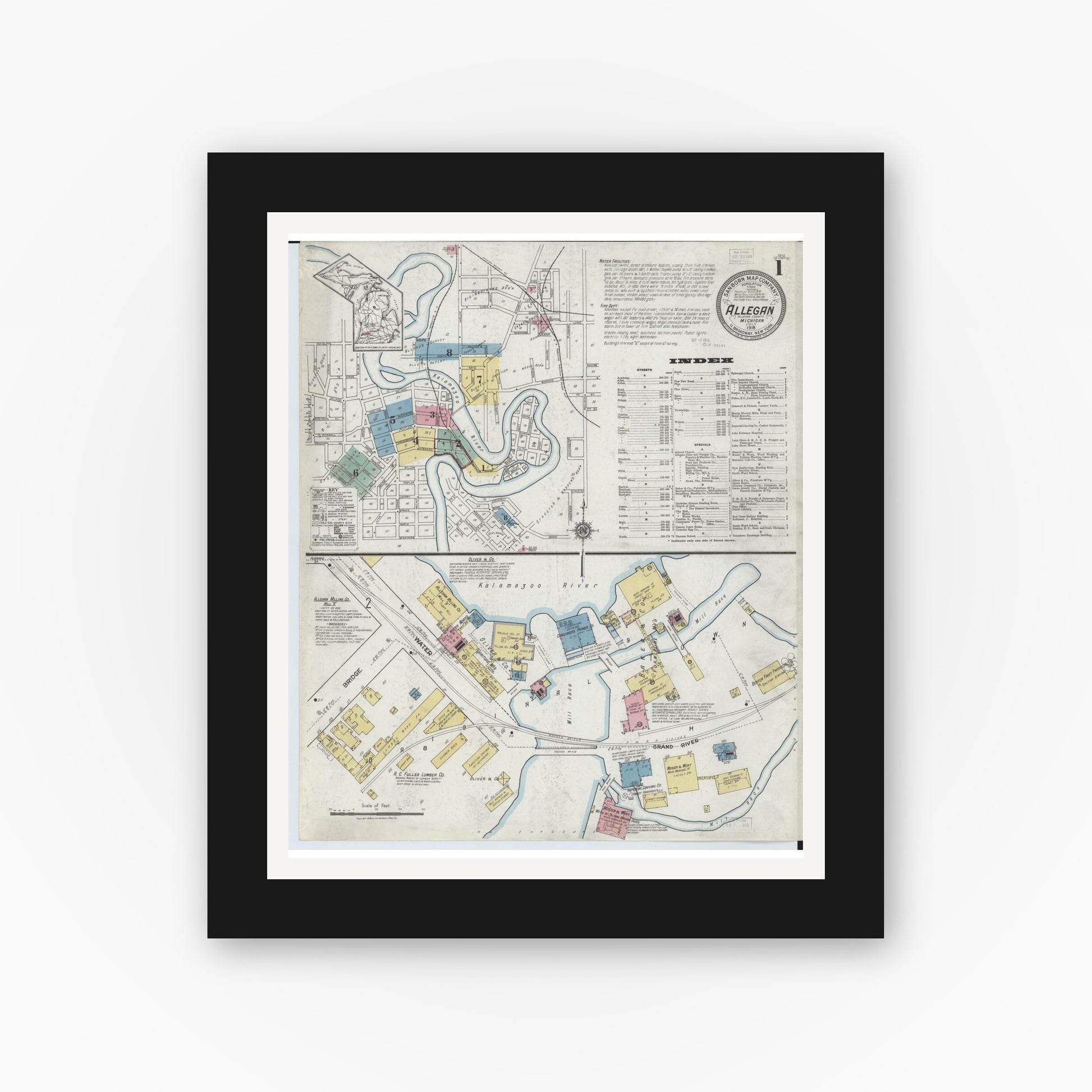 Old map wall art mockup — black gallery frame with white mat — Sanborn Fire Insurance Map from Allegan, Allegan County, Michigan (1918) - Complete Map Set