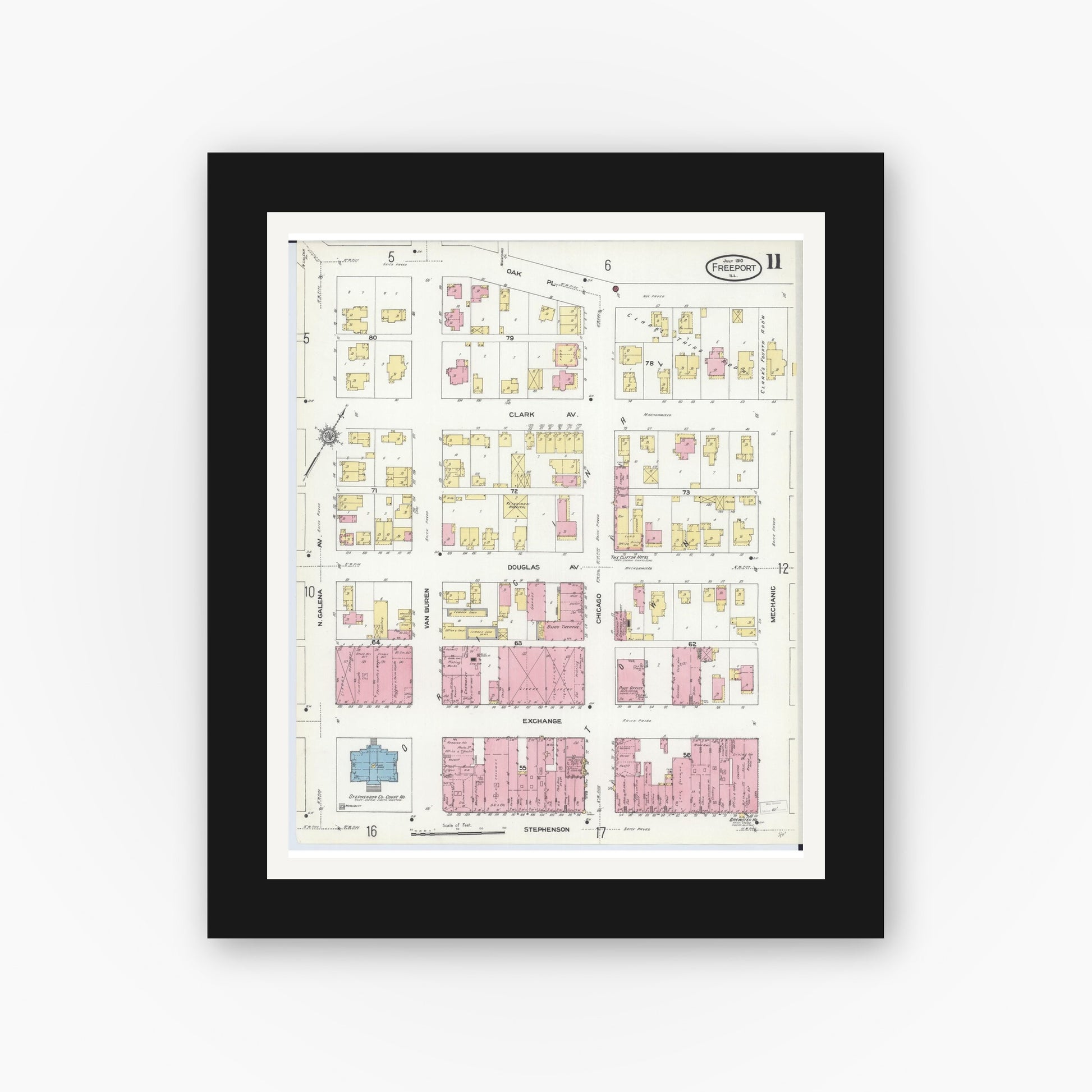 Old map wall art mockup — black gallery frame with white mat — Sanborn Fire Insurance Map from Freeport, Stephenson County, Illinois (1910), Sheet #0011
