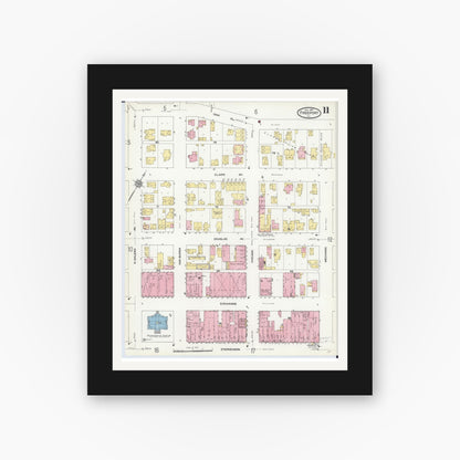 Old map wall art mockup — black gallery frame with white mat — Sanborn Fire Insurance Map from Freeport, Stephenson County, Illinois (1910), Sheet #0011