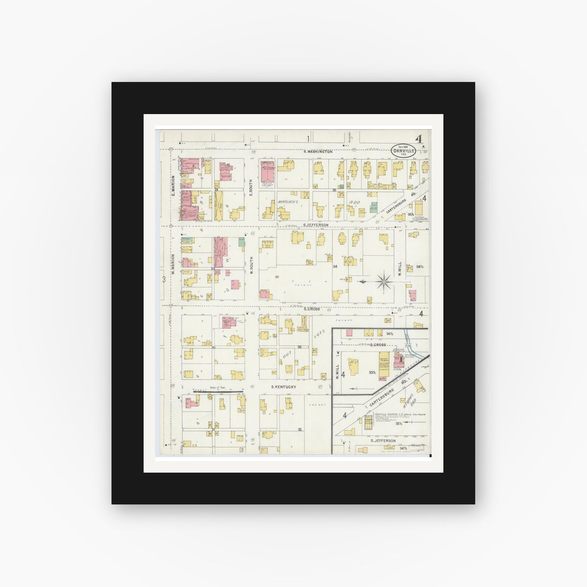Old map wall art mockup — black gallery frame with white mat — Sanborn Fire Insurance Map from Danville, Hendricks County, Indiana (1898), Sheet #0004