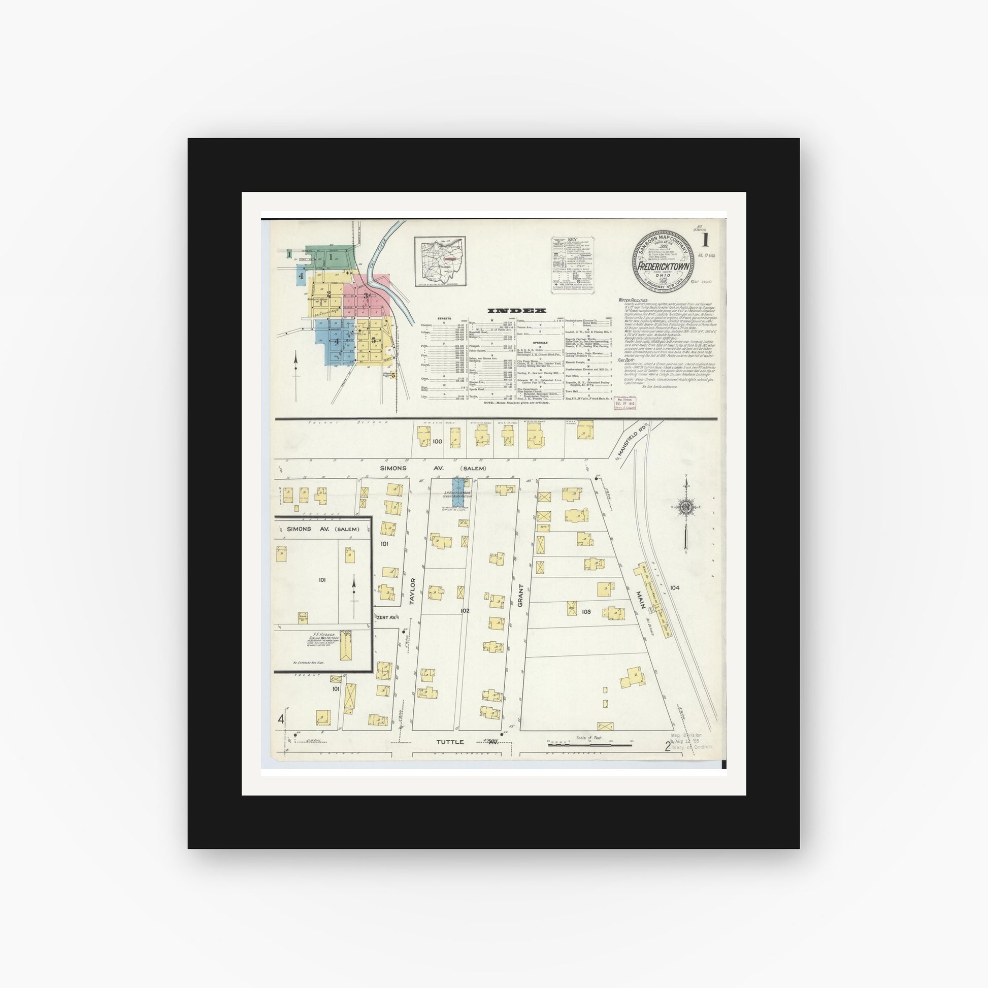 Old map wall art mockup — black gallery frame with white mat — Sanborn Fire Insurance Map from Fredericktown, Knox County, Ohio (1915) - Complete Map Set
