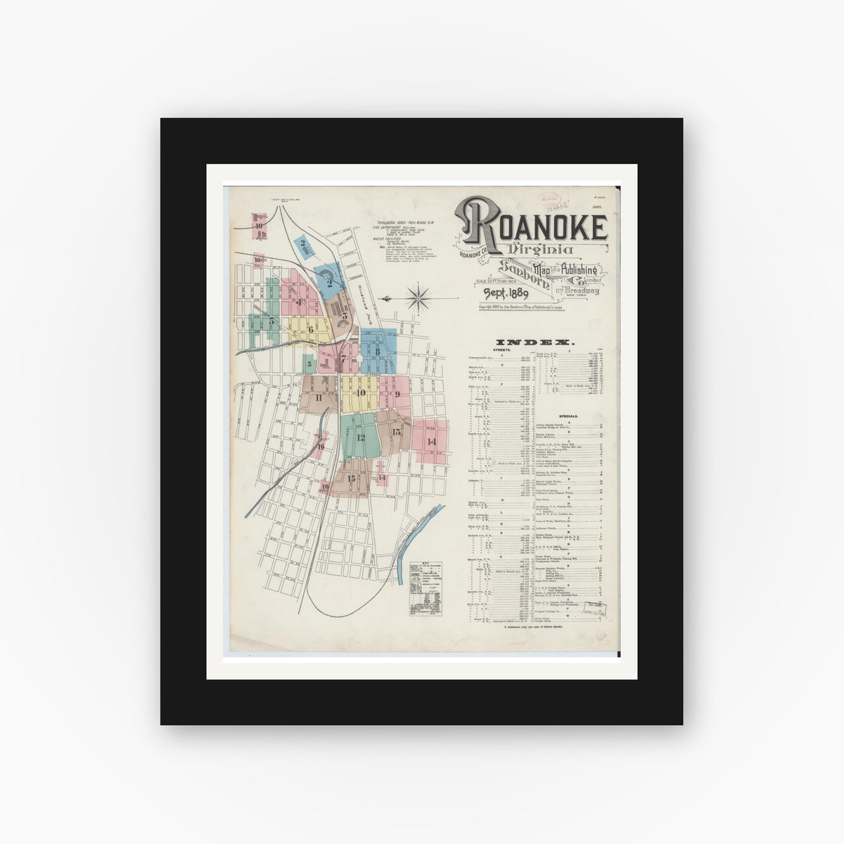 Old map wall art mockup — black gallery frame with white mat — Sanborn Fire Insurance Map from Roanoke, Independent Cities, Virginia (1889) - Complete Map Set