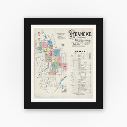 Old map wall art mockup — black gallery frame with white mat — Sanborn Fire Insurance Map from Roanoke, Independent Cities, Virginia (1889) - Complete Map Set