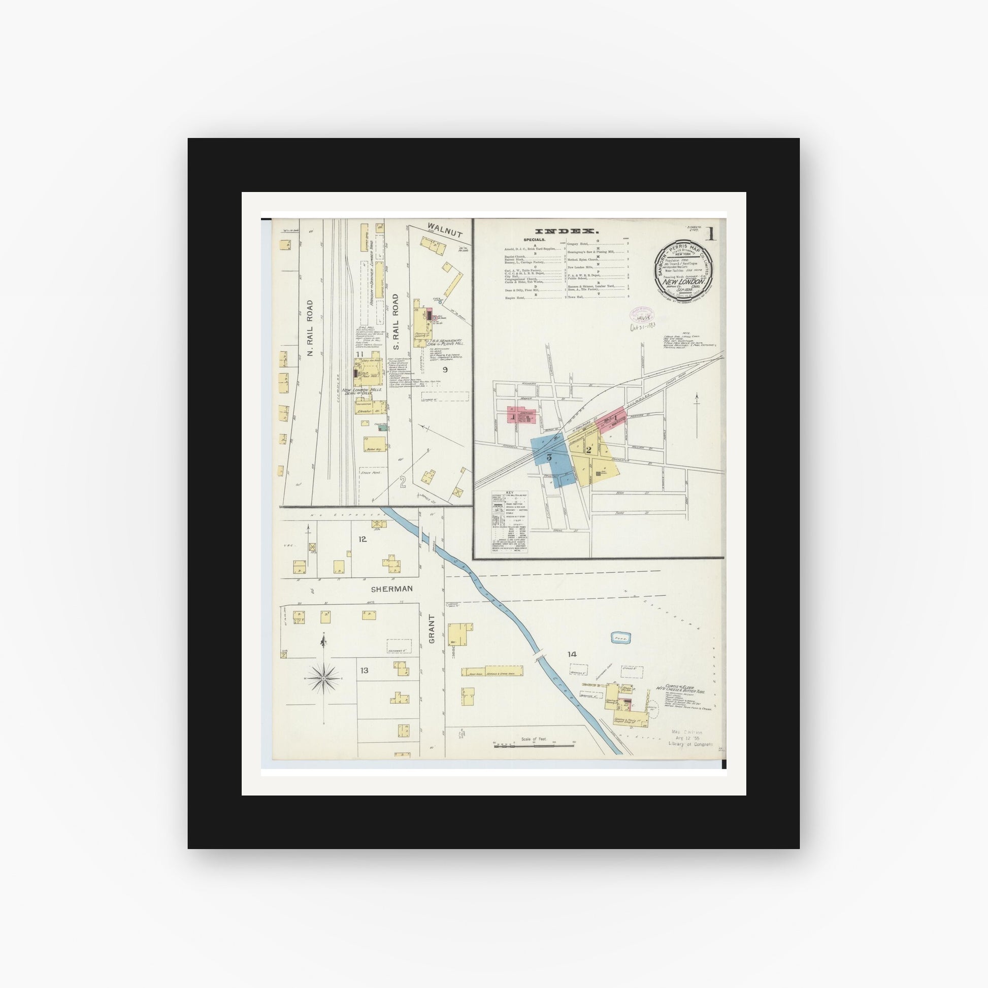 Old map wall art mockup — black gallery frame with white mat — Sanborn Fire Insurance Map from New London, Huron County, Ohio (1893), Sheet #0001