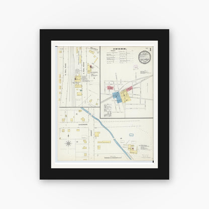 Old map wall art mockup — black gallery frame with white mat — Sanborn Fire Insurance Map from New London, Huron County, Ohio (1893), Sheet #0001