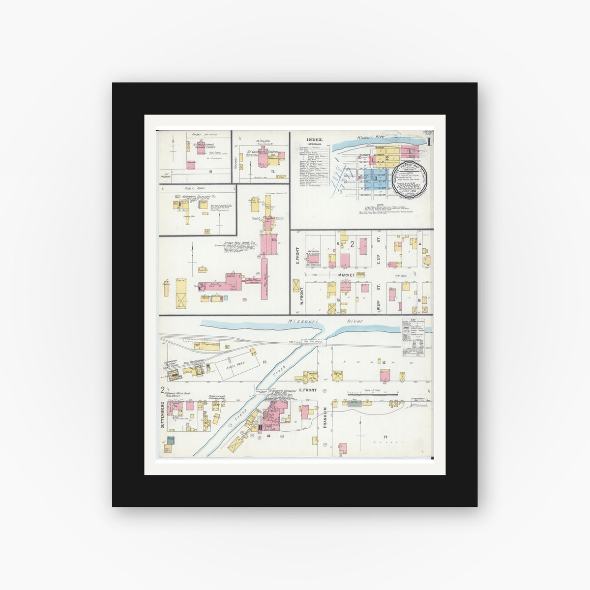 Old map wall art mockup — black gallery frame with white mat — Sanborn Fire Insurance Map from Hermann, Gasconade County, Missouri (1898), Sheet #0001