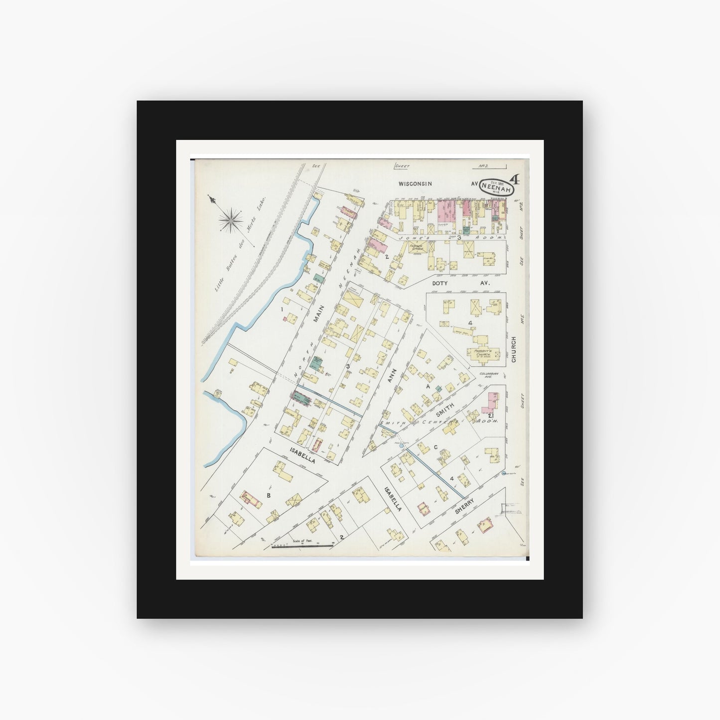 Old map wall art mockup — black gallery frame with white mat — Sanborn Fire Insurance Map from Neenah, Winnebago County, Wisconsin (1891), Sheet #0004
