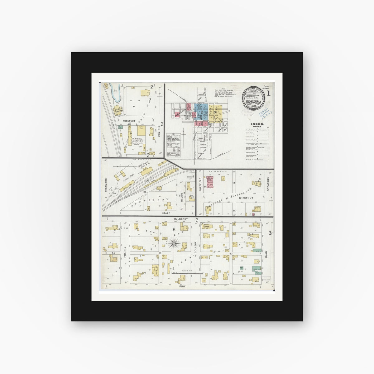 Old map wall art mockup — black gallery frame with white mat — Sanborn Fire Insurance Map from Greenfield, Greene County, Illinois (1899) - Complete Map Set