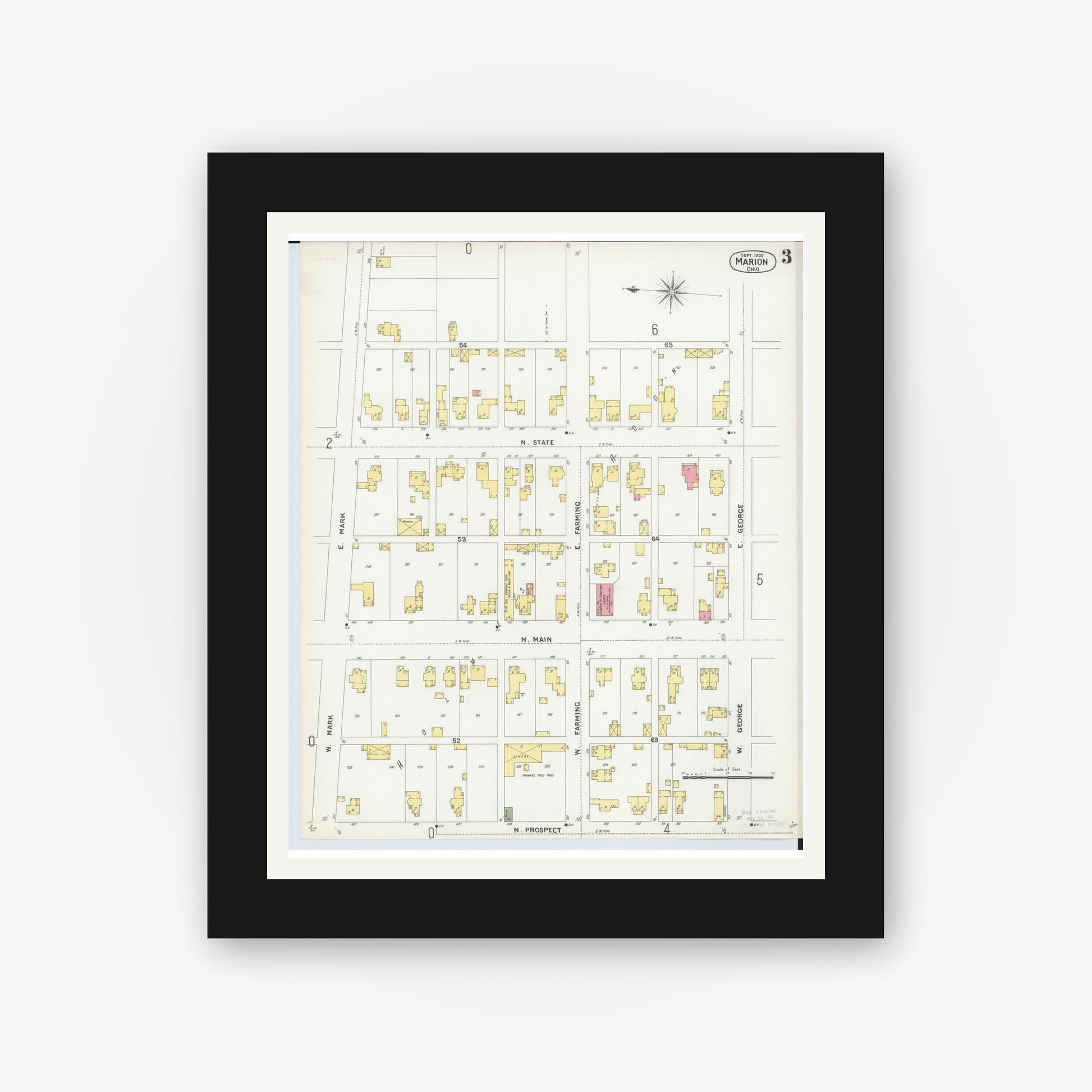 Old map wall art mockup — black gallery frame with white mat — Sanborn Fire Insurance Map from Marion, Marion County, Ohio (1900), Sheet #0003