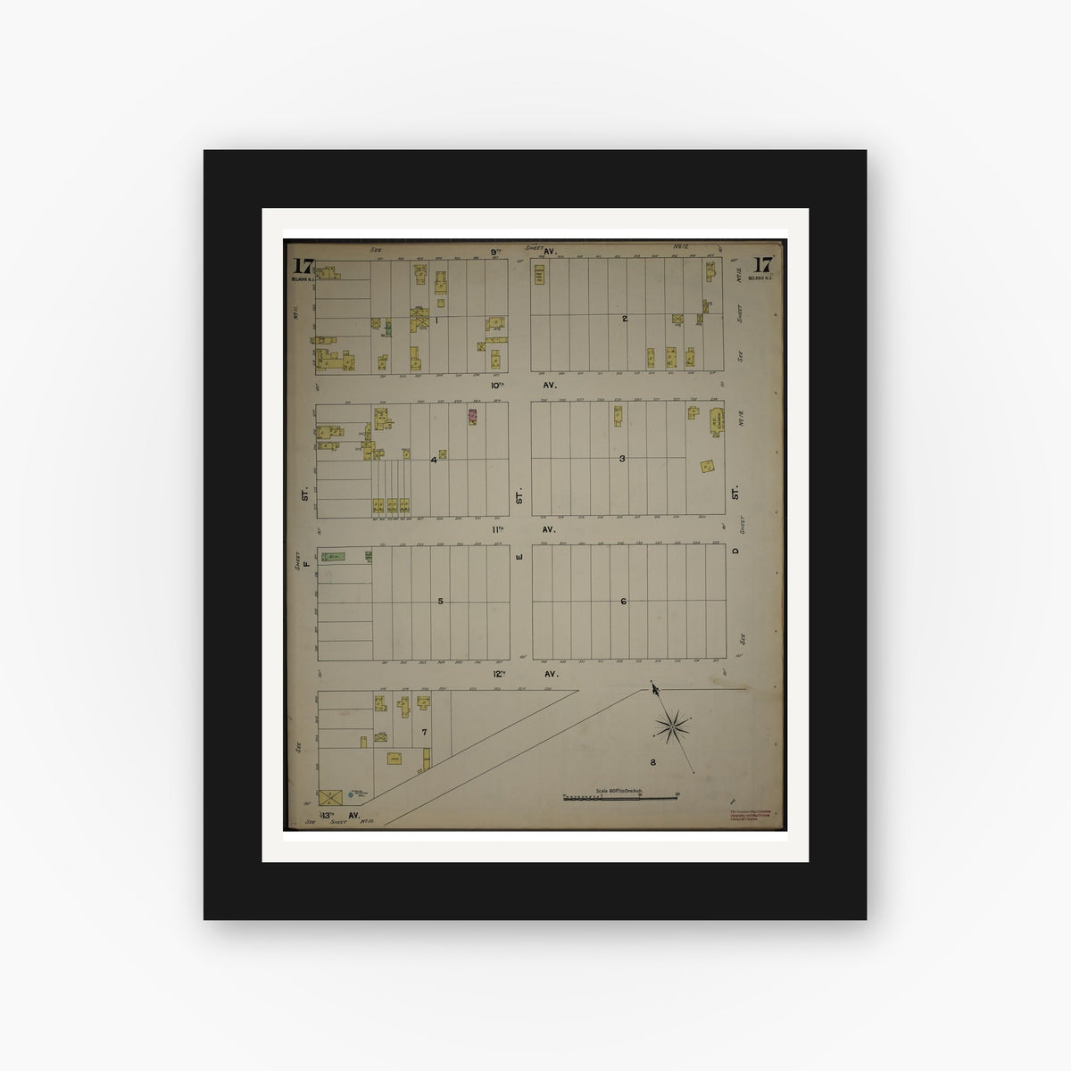 Old map wall art mockup — black gallery frame with white mat — Sanborn Fire Insurance Map from New Jersey Coast, New Jersey Coast, New Jersey (1890), Sheet #0017