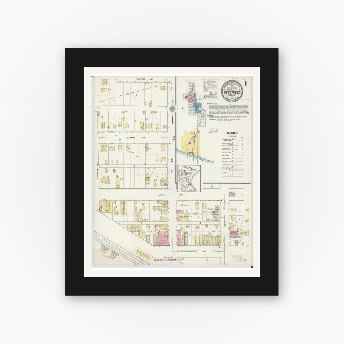 Old map wall art mockup — black gallery frame with white mat — Sanborn Fire Insurance Map from Deer River, Itasca County, Minnesota (1913), Sheet #0001