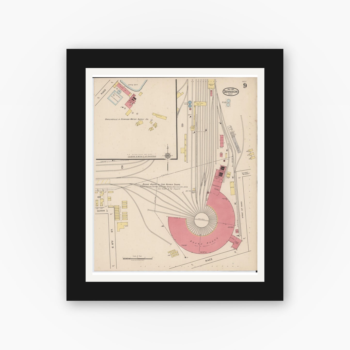 Old map wall art mockup — black gallery frame with white mat — Sanborn Fire Insurance Map from Dennison, Tuscarawas County, Ohio (1921), Sheet #0009