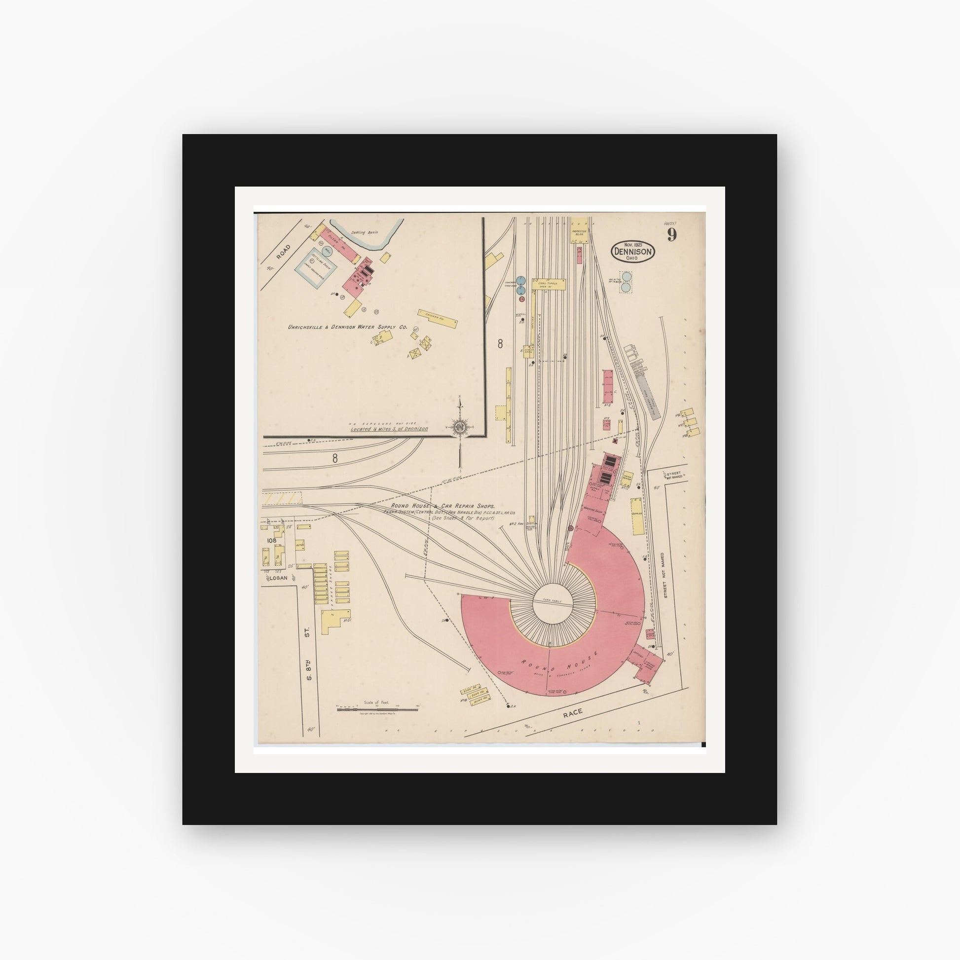 Old map wall art mockup — black gallery frame with white mat — Sanborn Fire Insurance Map from Dennison, Tuscarawas County, Ohio (1921), Sheet #0009