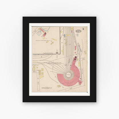 Old map wall art mockup — black gallery frame with white mat — Sanborn Fire Insurance Map from Dennison, Tuscarawas County, Ohio (1921), Sheet #0009