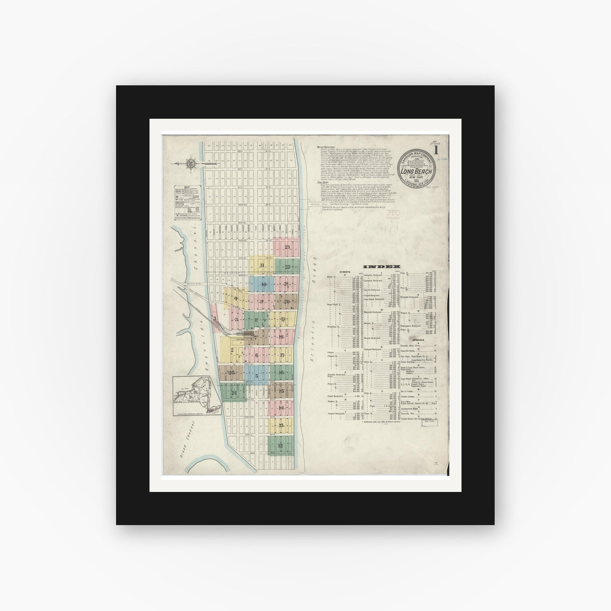 Old map wall art mockup — black gallery frame with white mat — Sanborn Fire Insurance Map from Long Beach, Nassau County, New York (1914) - Complete Map Set