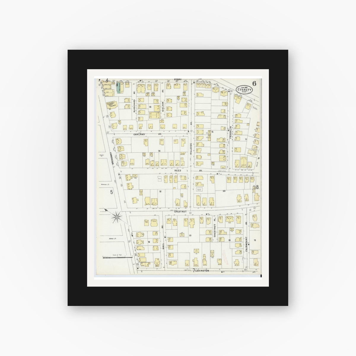 Old map wall art mockup — black gallery frame with white mat — Sanborn Fire Insurance Map from Everett, Middlesex County, Massachusetts (1897), Sheet #0006