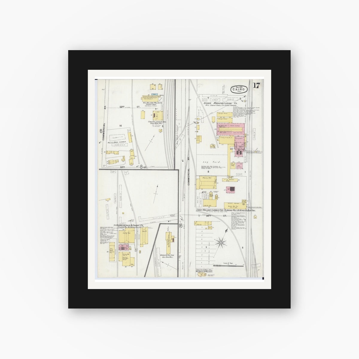 Old map wall art mockup — black gallery frame with white mat — Sanborn Fire Insurance Map from Cairo, Alexander County, Illinois (1896), Sheet #0017