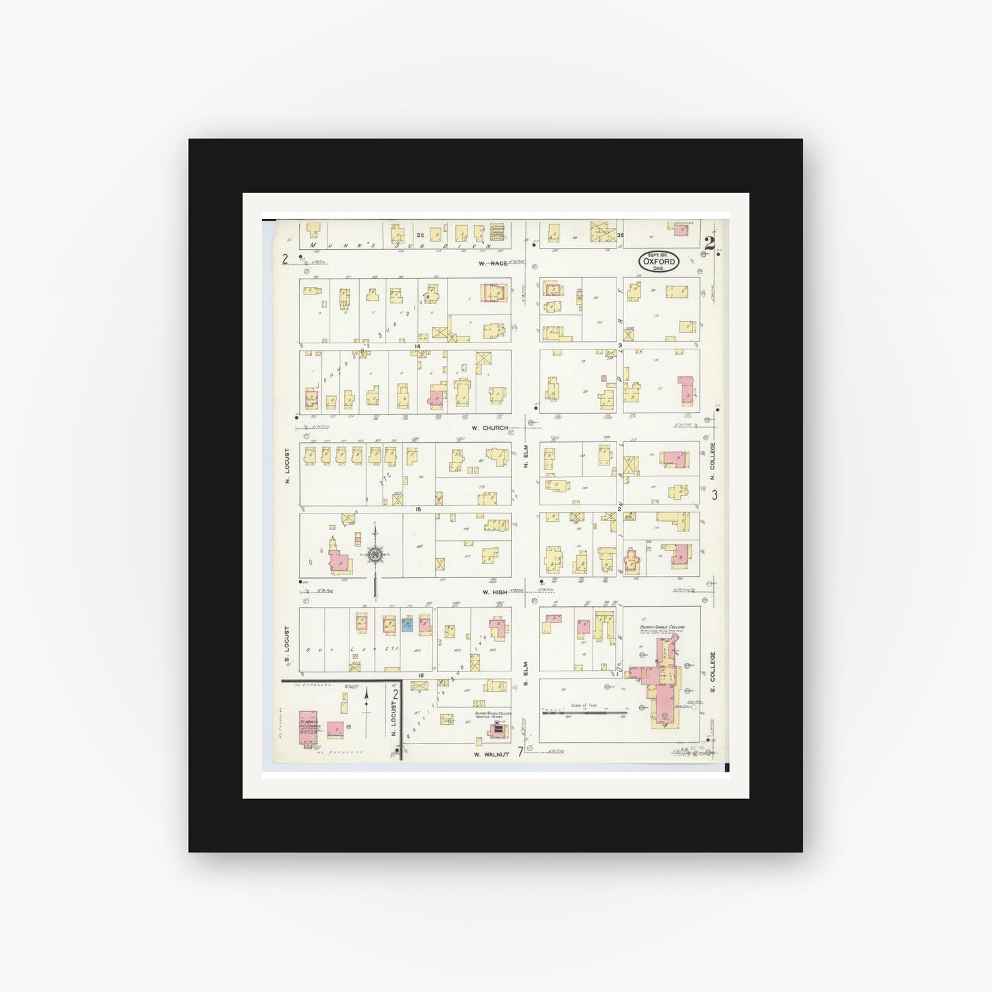 Old map wall art mockup — black gallery frame with white mat — Sanborn Fire Insurance Map from Oxford, Butler County, Ohio (1911), Sheet #0002